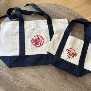 Trader Joe's Blue and Cream Tote Bag Set of 2 .  Small and Large